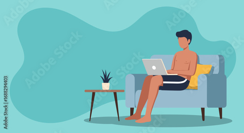 Casual man working on a laptop from his home couch, highlighting remote work, modern lifestyle, and comfortable productivity.