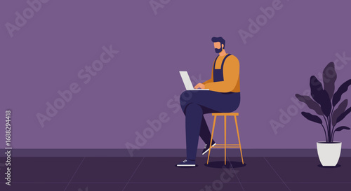Man working on laptop in a modern, minimalist home office. Ideal for concepts of remote work, freelancing, and digital connectivity.