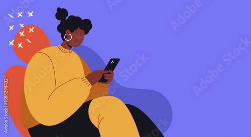 Young woman relaxing while using her smartphone, engaging with digital content or social media. Ideal for technology, lifestyle, and communication concepts.