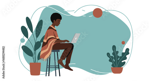 Young person in a cozy poncho works remotely on a laptop, embodying flexible modern lifestyle and digital productivity. Ideal for business, freelance, and online learning.