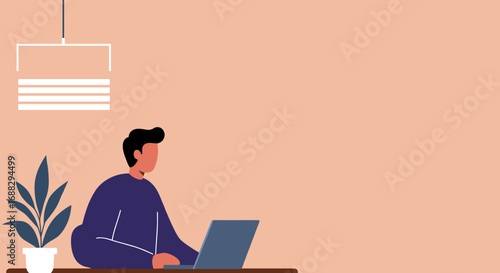 Man working remotely on a laptop at a home desk with a plant, representing freelance work, online education, or modern business. Space for text.