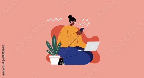 Woman multitasking with a smartphone and laptop, representing remote work, digital communication, online learning, or social media engagement. Ideal for business, technology, or lifestyle concepts.