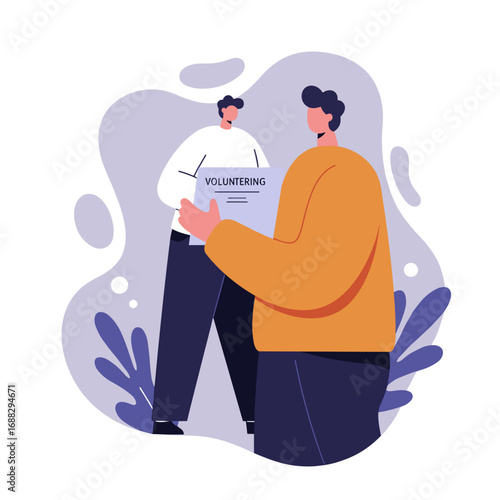 Two men collaborating on a volunteering activity, holding a sign. This illustration represents community service, social responsibility, and helping others.