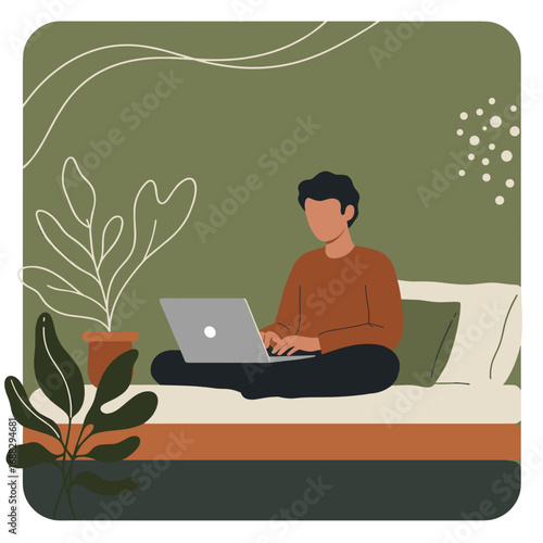 Person working remotely on a laptop in a cozy, modern home environment with plants. Illustrates remote work, online learning, or freelance lifestyle.