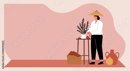 A person wearing a traditional conical hat arranges plants, embodying a serene blend of cultural tradition and modern lifestyle. Ideal for themes of travel, home decor, or mindful living.