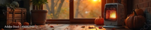 Cozy autumn scene with a space heater providing warmth indoors, perfect for seasonal comfort and energy efficiency ,  propane,  fall
