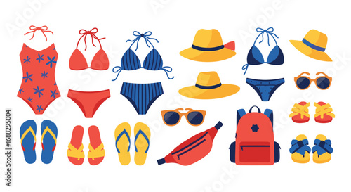 Vibrant summer vacation essentials collection featuring swimwear hats sunglasses and bags