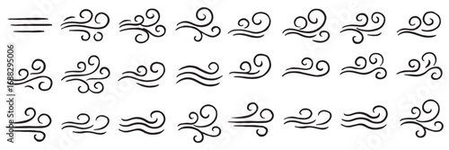 Doodle wind line sketch set. Hand drawn doodle wind motion, air blow, swirl elements. Sketch drawn air blow motion, smoke flow art, abstract line. Isolated on white background . vector illustration