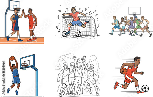 Basketball and soccer players, sports teamwork, athletic action, dribbling, dunking, goal scoring, team celebration, active lifestyle, fitness training, competition illustration