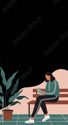 Young woman focused on her laptop while sitting casually on a bench in a modern, relaxed setting. Ideal for remote work, lifestyle, or study concepts.