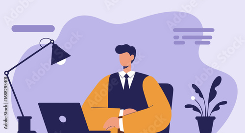 Professional man working diligently on a laptop at his desk in a modern office setting, representing productivity, remote work, and business success.
