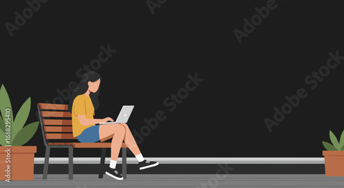 Woman working remotely on a laptop outdoors, representing freelance work, online education, or a digital nomad lifestyle with connectivity and productivity.