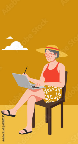 Elderly woman in a hat and summer attire works remotely on her laptop in a sunny outdoor setting, embodying a modern, active senior lifestyle with technology and travel.