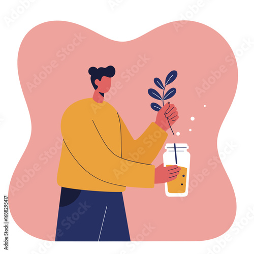 Individual infusing a natural beverage with fresh botanicals in a jar, representing organic lifestyle, healthy habits, and eco-conscious choices.