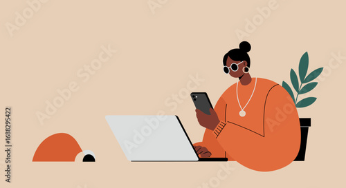 Modern illustration of a stylish woman working on a laptop and smartphone, ideal for business, technology, and remote work themes.