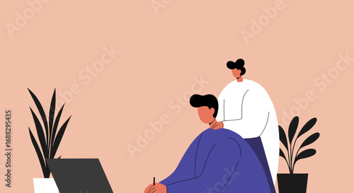 Colleagues collaborate in a modern workspace. One offers support to another working on a laptop, symbolizing teamwork, mentorship, and business partnership.
