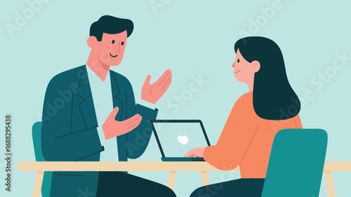 Business meeting illustration man explaining to woman with laptop at table