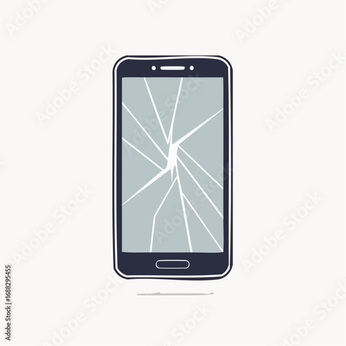 A hand-drawn illustration of a modern smartphone with a cracked and shattered screen, isolated on a light background.