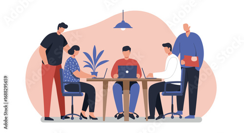 Diverse team of professionals collaborating on laptops in a modern office. Ideal for business, teamwork, and productivity concepts.
