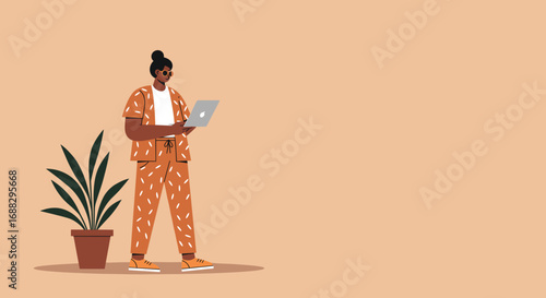 Modern woman working on a laptop, symbolizing remote work, freelancing, and digital connectivity in a casual, creative environment.