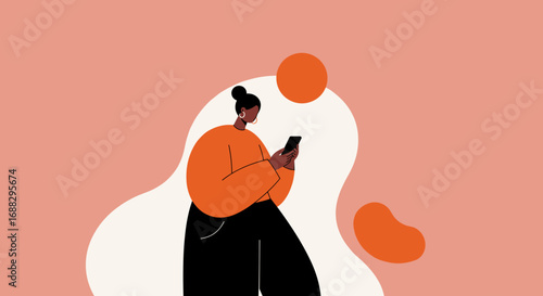 Modern woman actively engaged with her smartphone, representing digital communication, social media, and technology in daily life and leisure.
