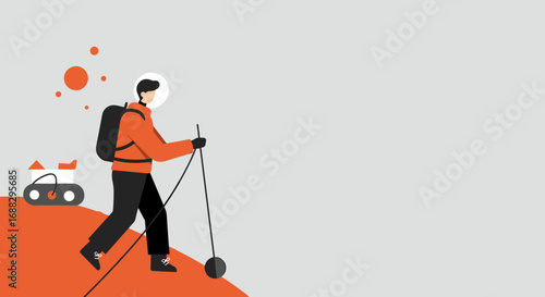 An astronaut explores an alien planet with trekking poles, accompanied by a rover. Represents space travel, discovery, and future exploration.