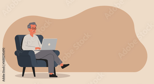 A smiling senior man comfortably uses a laptop in an armchair, representing an active, digitally connected modern retirement lifestyle. Ideal for technology, senior care, and leisure concepts.