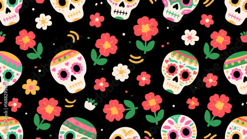 Colorful sugar skulls and flowers pattern for day of the dead celebration