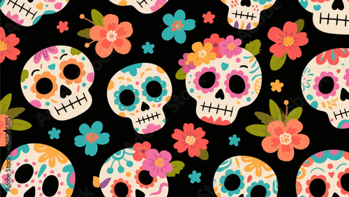 Colorful sugar skulls and flowers seamless pattern day of the dead art