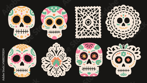 Colorful sugar skulls and papel picado for Day of the Dead celebration