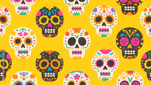 Colorful sugar skulls pattern for Day of the Dead celebrations and holidays