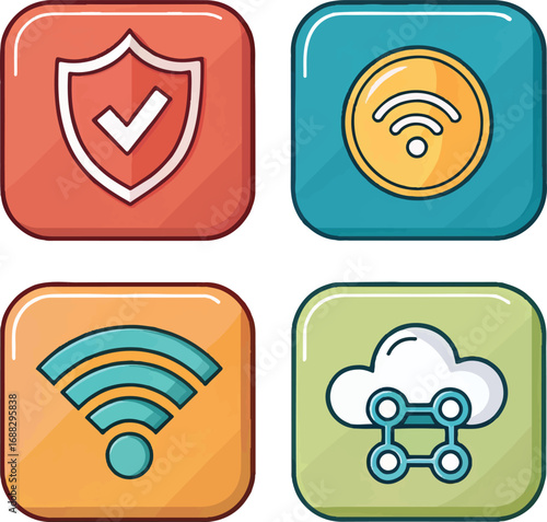Colorful App Icons Set Featuring Security, Wi-Fi, Cloud, and Connectivity