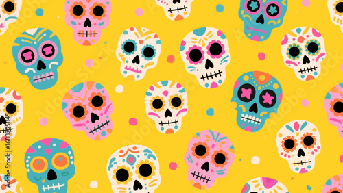 Colorful sugar skulls pattern illustration for Day of the Dead celebration