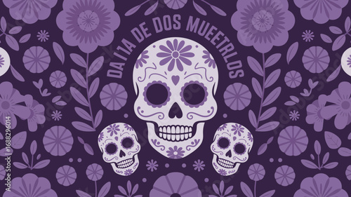 Day of the Dead purple sugar skulls and floral background illustration