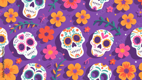 Day of the Dead seamless pattern with sugar skulls and flowers design