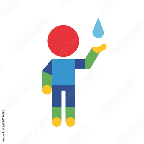Abstract Figure Underneath a Water Drop with a Red Circular Head, Light Blue Torso, and Green Limbs Against a White Background