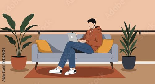Person sitting on a couch on a balcony, focused on laptop, illustrating remote work, flexible schedule, and modern lifestyle.