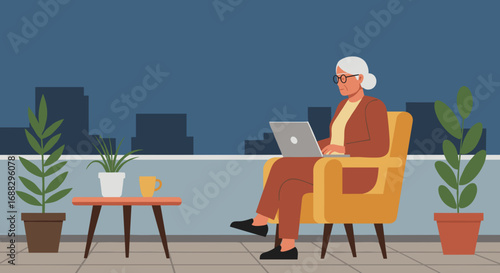 Senior woman working on laptop on a cozy city balcony at dusk. Represents remote work, modern retirement, and connected lifestyle.