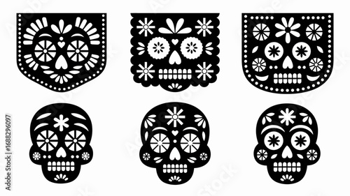 Decorative Day of the Dead skulls vector designs in black and white