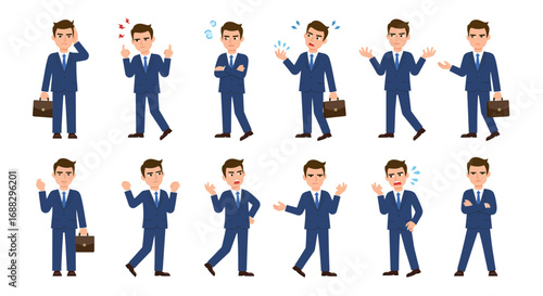 Diverse expressions of a businessman in various poses and emotions vector