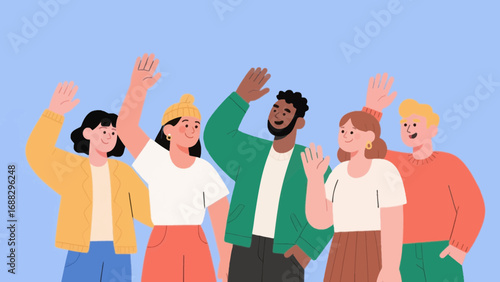 Diverse group of friends waving hello against a light blue background