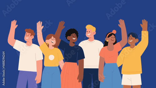 Diverse group of people waving hands in a friendly greeting illustration