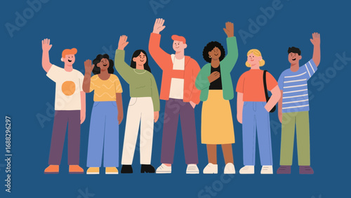 Diverse group of people waving their hands in a friendly greeting illustration