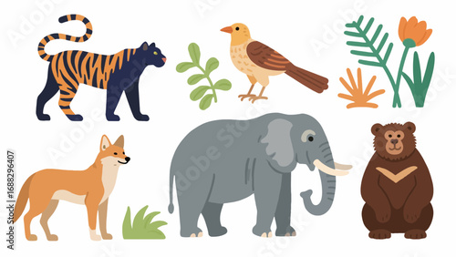 Diverse wildlife featuring tiger, elephant, bear, bird, and dog illustration