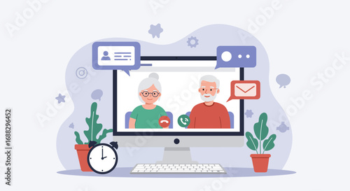 Elderly couple connecting virtually on computer screen illustration vector