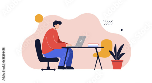 Person diligently working on a laptop at a minimalist desk, embodying remote work, online learning, or freelance productivity. Ideal for business and lifestyle concepts.