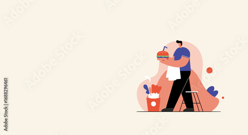 Man in an apron holds a burger and drink, with fried chicken. Perfect for fast food, restaurant, delivery, and casual dining concepts.