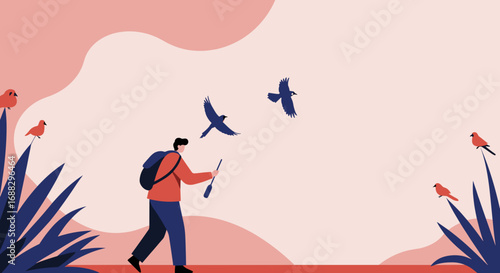 Adventurer with backpack and hiking pole explores a serene natural landscape, observing birds. Perfect for travel, outdoor activities, or peaceful leisure concepts.