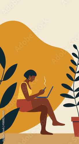 Relaxed woman multitasks, using smartphone and laptop in a comfortable home setting, surrounded by plants. Ideal for remote work, digital lifestyle, or modern communication concepts.