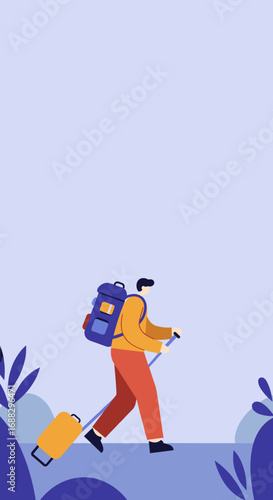 A traveler with a backpack and rolling luggage embarks on a journey. Represents adventure, exploration, and global tourism.